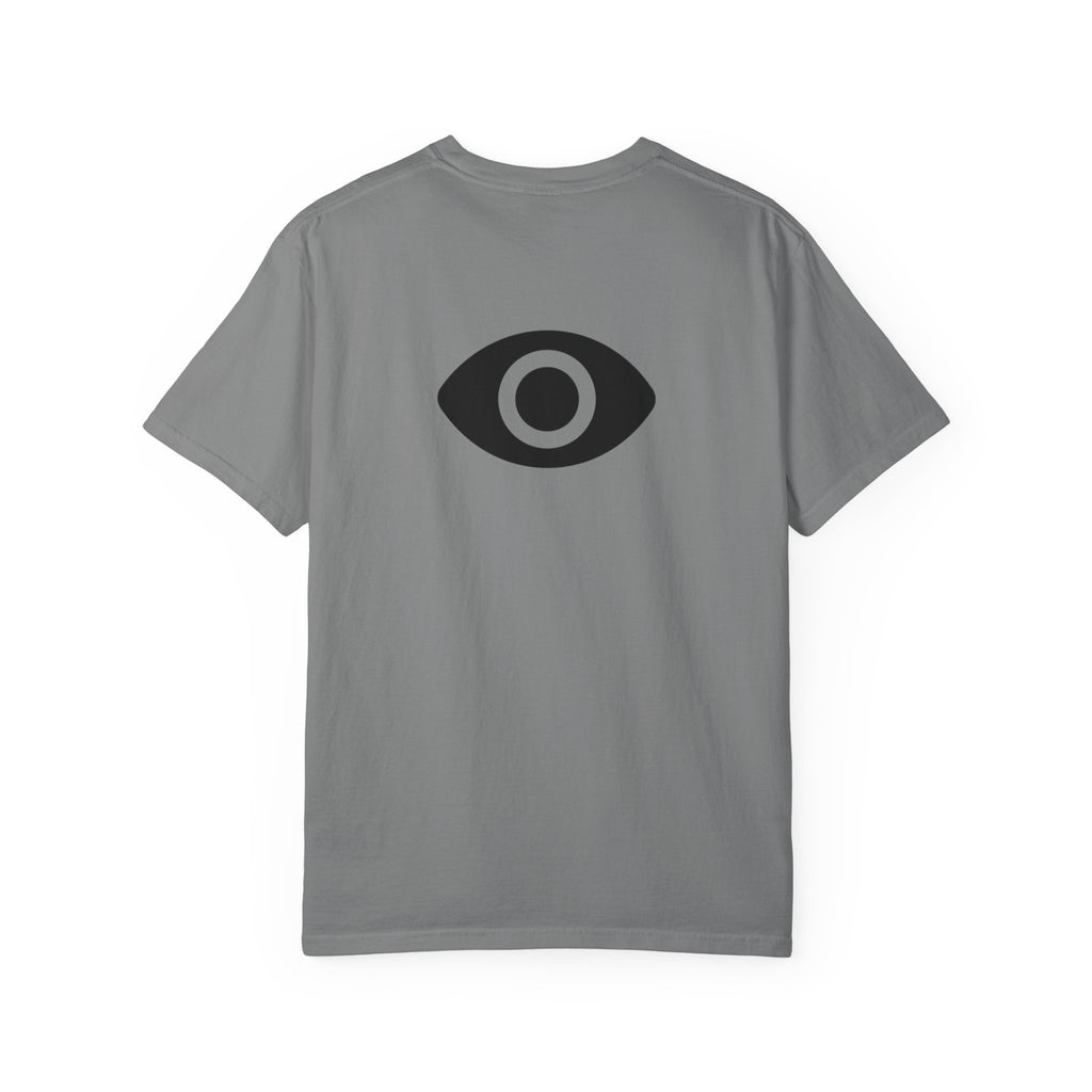 Shadow Supply T-Shirt — Retro Metallic Logo Tee with Eye Graphic