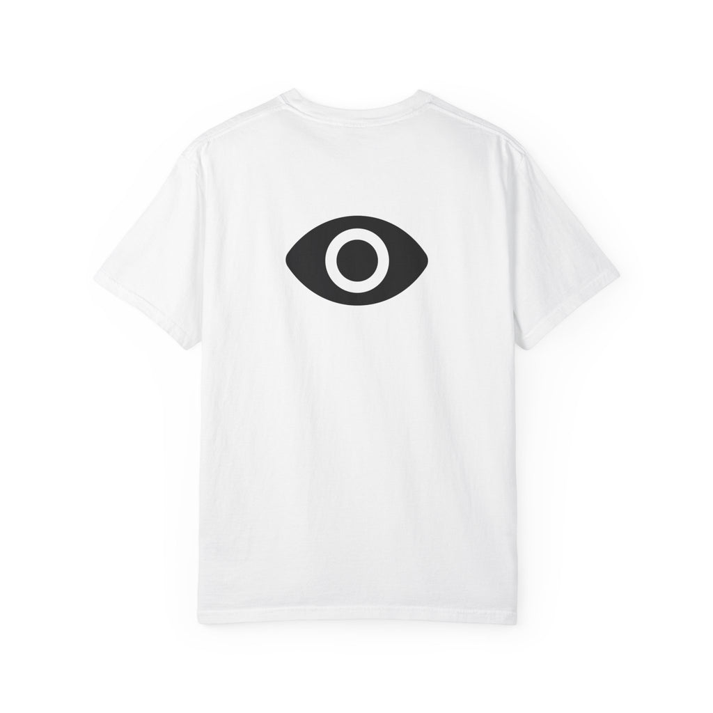 Shadow Supply T-Shirt — Retro Metallic Logo Tee with Eye Graphic