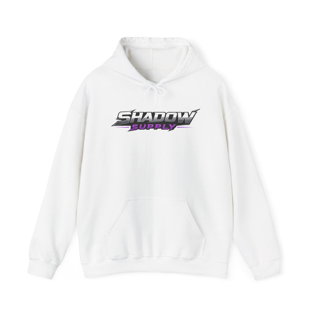 Shadow Supply Logo Hoodie — Retro Gradient Graphic Pullover with Back Eye Emblem