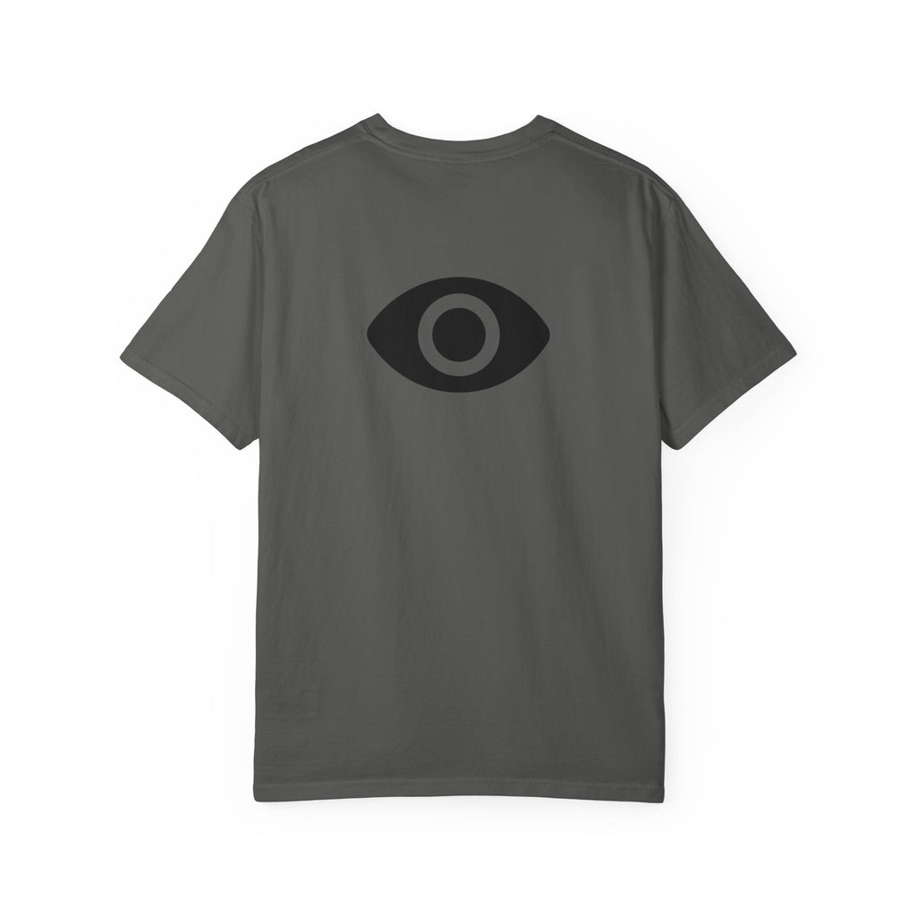 Shadow Supply T-Shirt — Retro Metallic Logo Tee with Eye Graphic