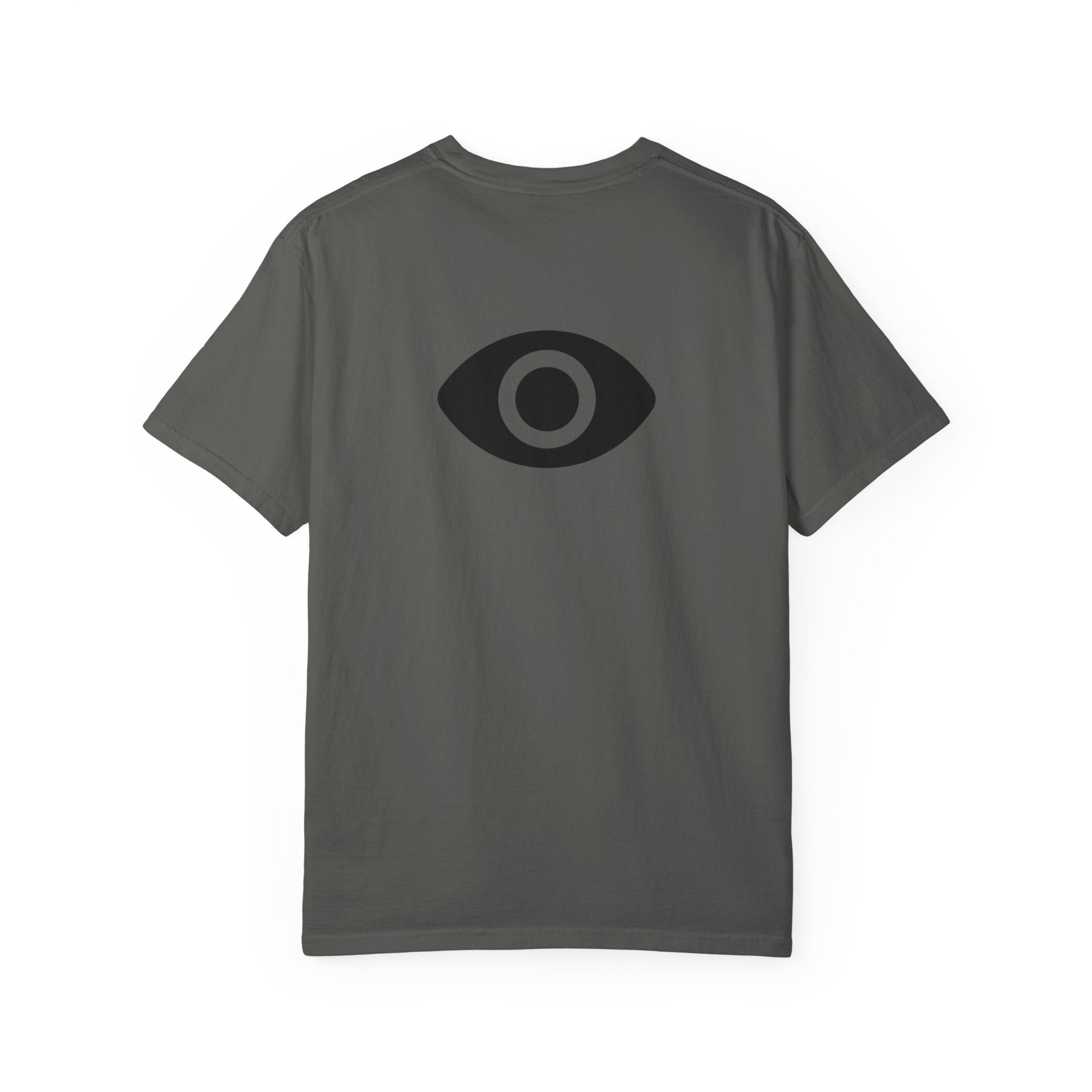 Shadow Supply T-Shirt — Retro Metallic Logo Tee with Eye Graphic