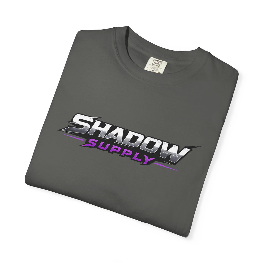 Shadow Supply T-Shirt — Retro Metallic Logo Tee with Eye Graphic